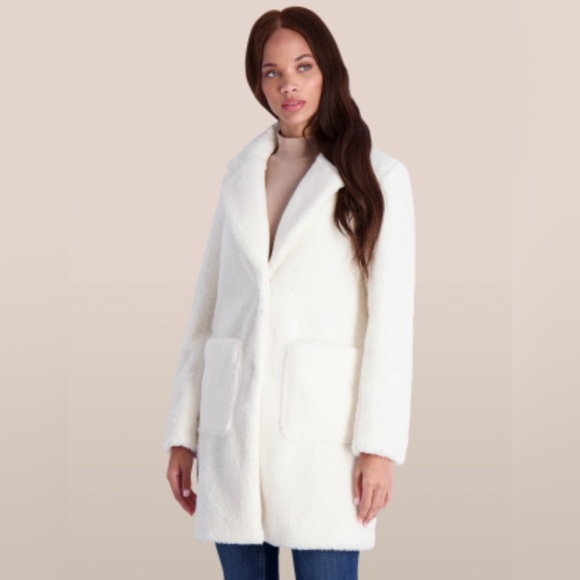 French Connection Women's Winter White Faux Shearling Teddy Lapel Midi Coat NWT - Picture 2 of 8